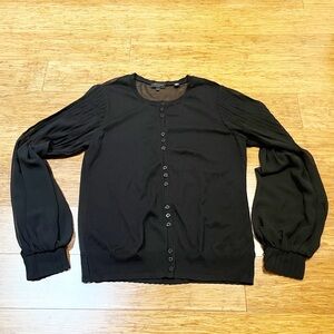 Ted Baker Black Button Front Blouse w/ Sheer Bishop Long Sleeves. Size Medium